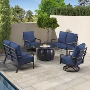 Black 7-Piece Aluminum Patio Fire Pit with 2-Deep Seating Loveseat and 2-Club Chairs Blue Cushions