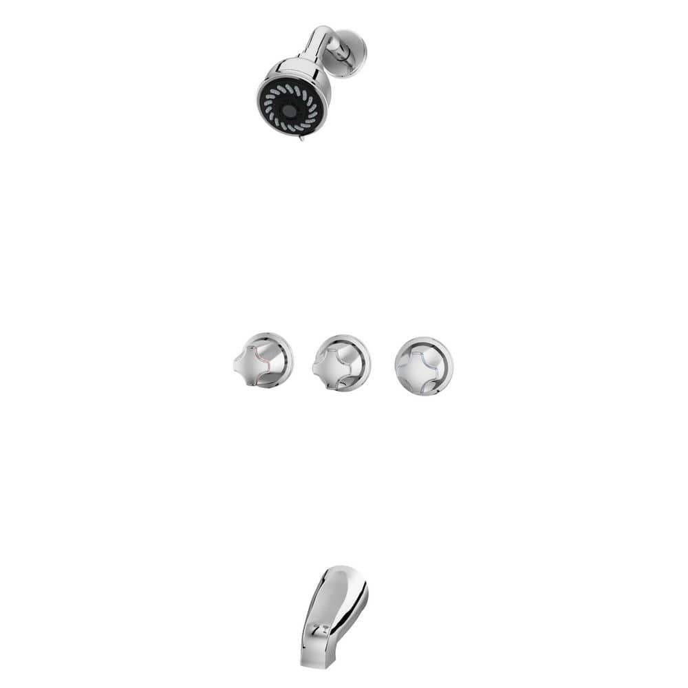 Triple Handle 1-Spray Tub and Shower Faucet 2 GPM with Metal Knob Handles in. Polished Chrome (Valve Included)