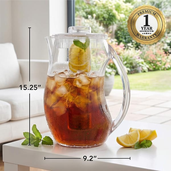 OVENTE 84 fl. oz. Clear Pitcher with Removable Fruit Infuser Rod and Ice Rod, Non-Slip Handle, Drip-Free Spout