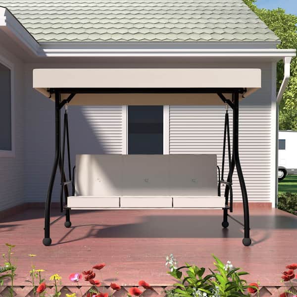 3-Person Metal Outdoor Patio Swing Chair with Convertible Canopy, Cushion and Side Tray Included, Beige