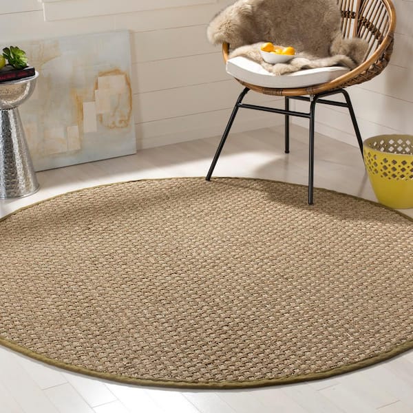 Natural Fiber Natural/Olive 4 ft. x 4 ft. Border Woven Round Area Rug