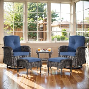 Brown 5-Piece Wicker Patio Conversation Set with Swivel Rockers, Balcony Conversation Set with Navy Blue Cushions