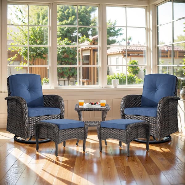 Brown 5-Piece Wicker Patio Conversation Set with Swivel Rockers, Balcony Conversation Set with Navy Blue Cushions