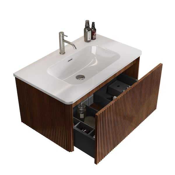 30 in. Wall Mounted Floating Bath Vanity with White Single Ceramic Basin Top and Push Open Drawer in Stripe Walnut