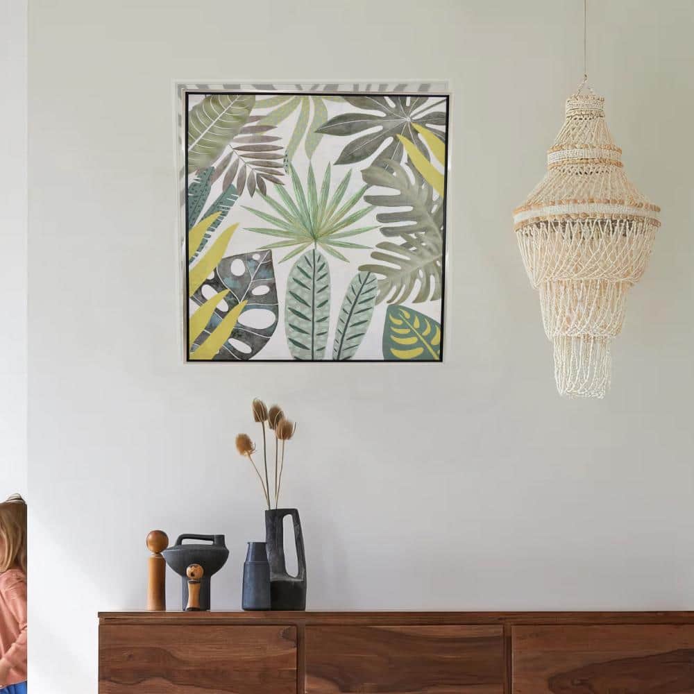 Green and Yellow Botanical Leaf Print Wall Art with Natural Fiber Frame