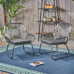 2-Piece Gray Metal Woven Rope Outdoor Lounge Chair with Gray Cushions