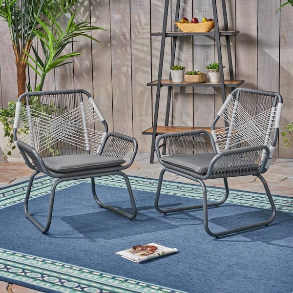 Tenleaf 2-Piece Gray Metal Woven Rope Outdoor Lounge Chair with Gray Cushions