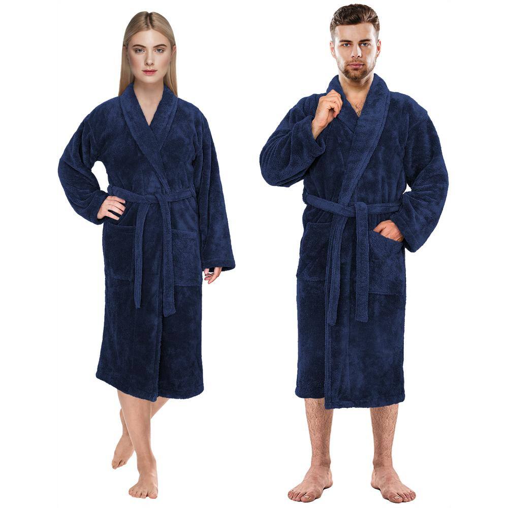Navy Blue L/XL Fleece Bathrobe with Shawl Collar