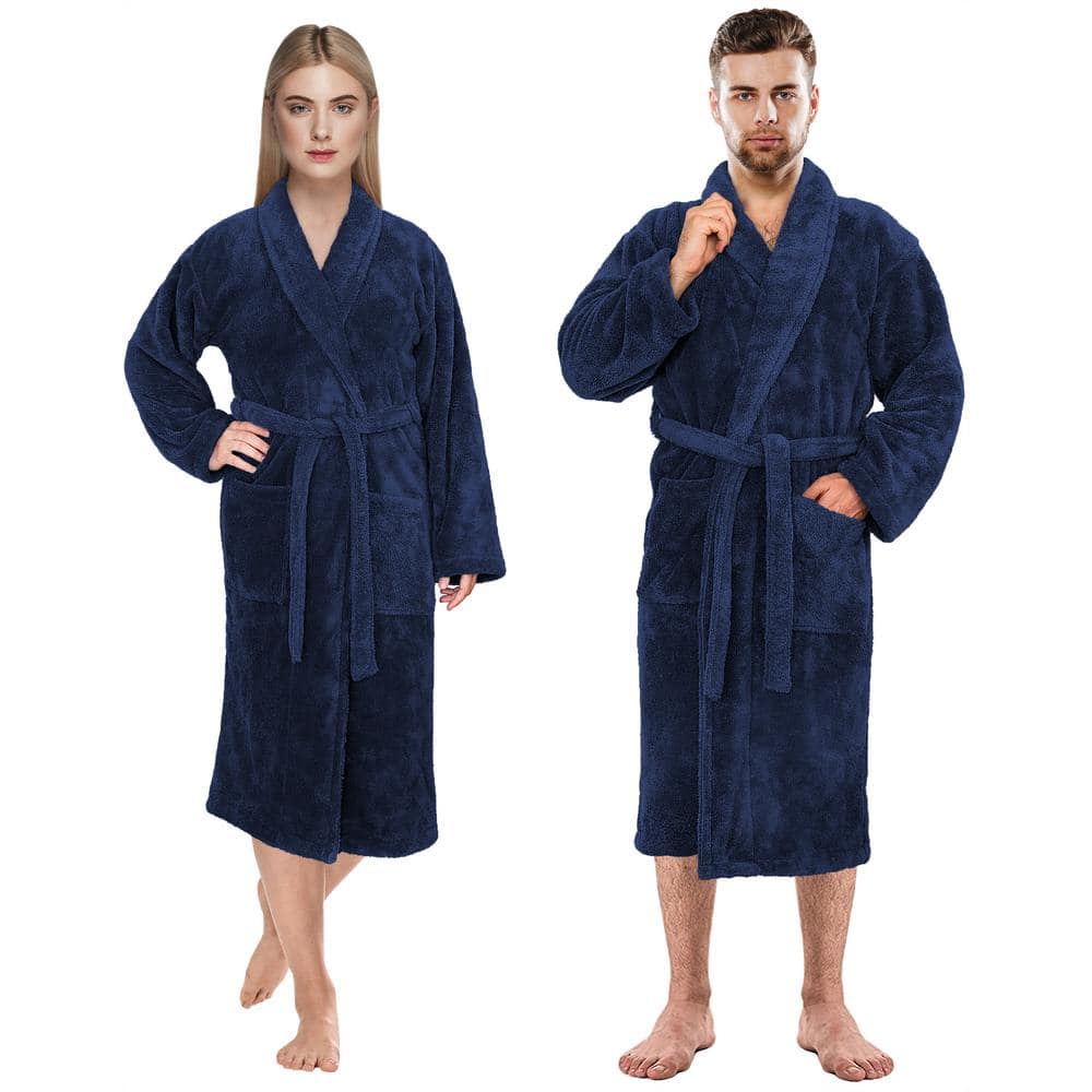 Navy Blue Unisex Fleece Shawl Collar Bathrobe