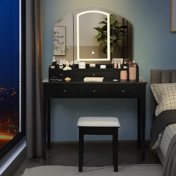 Costway Vanity Table Stool Set Black Jewelry Armoire Large Tri-folding  Lighted Mirror 6 Drawer Dresser 58.5 x 40 x 16 HU10055US-BK - The Home  Depot