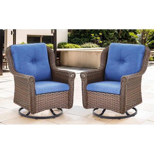 Opohoro Chryswirl Metal and Brown Wicker Outdoor Rocking Chair Patio Swivel Chairs with Olefin Navy Blue Cushions (2-Pack)