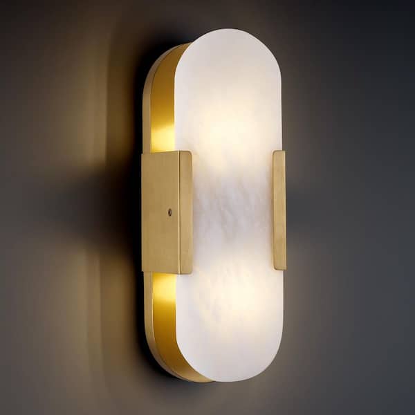 PUYRNF 14 in. 2-Light Dimmable Brass Wall Mounted Sconce with Alabaster Shade, for Living Room, Bedroom, Dining Room (1-Piece)