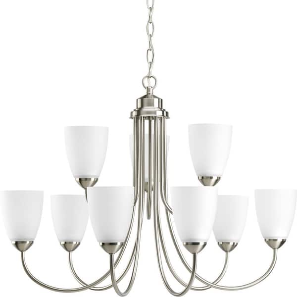 Progress Lighting Gather Collection 9-Light Brushed Nickel Etched Glass Traditional Chandelier Light