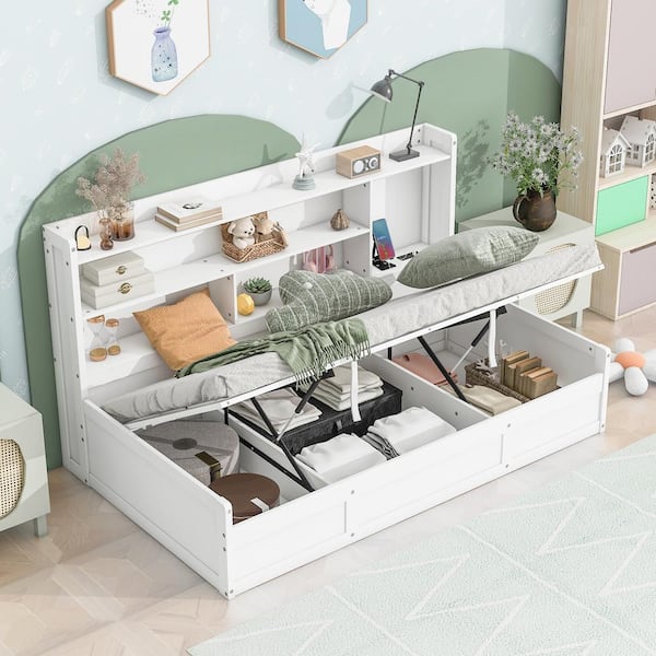 Harper & Bright Designs White Twin Size Wood Frame Daybed with Storage Bookcases and Underneath Storage Space, USB Charging Station