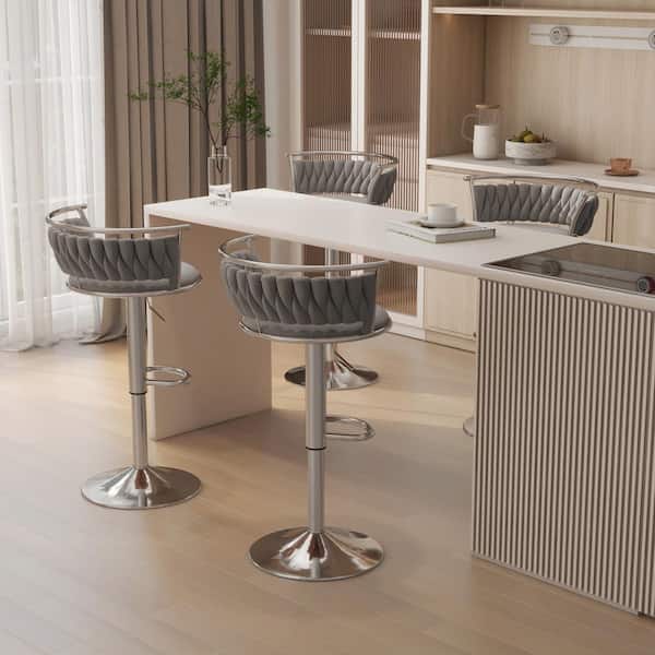 Uixe 38.5 in. Modern Silver Metal Frame Low Back Swivel Adjustable Height Bar Stool with Gray Velvet Seat (set of 4)