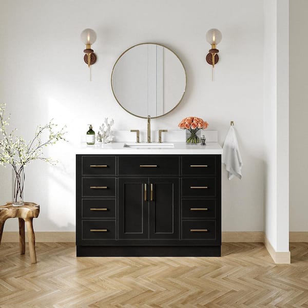 Hepburn 48 in. W x 22 in. D x 36 in. H Single Sink Freestanding Bath Vanity in Black with Pure White Quartz Top