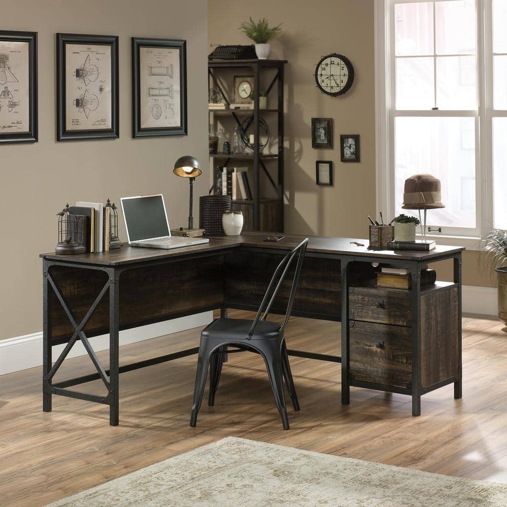 Carbon Oak and Black Industrial L-Shaped Desk with File Storage