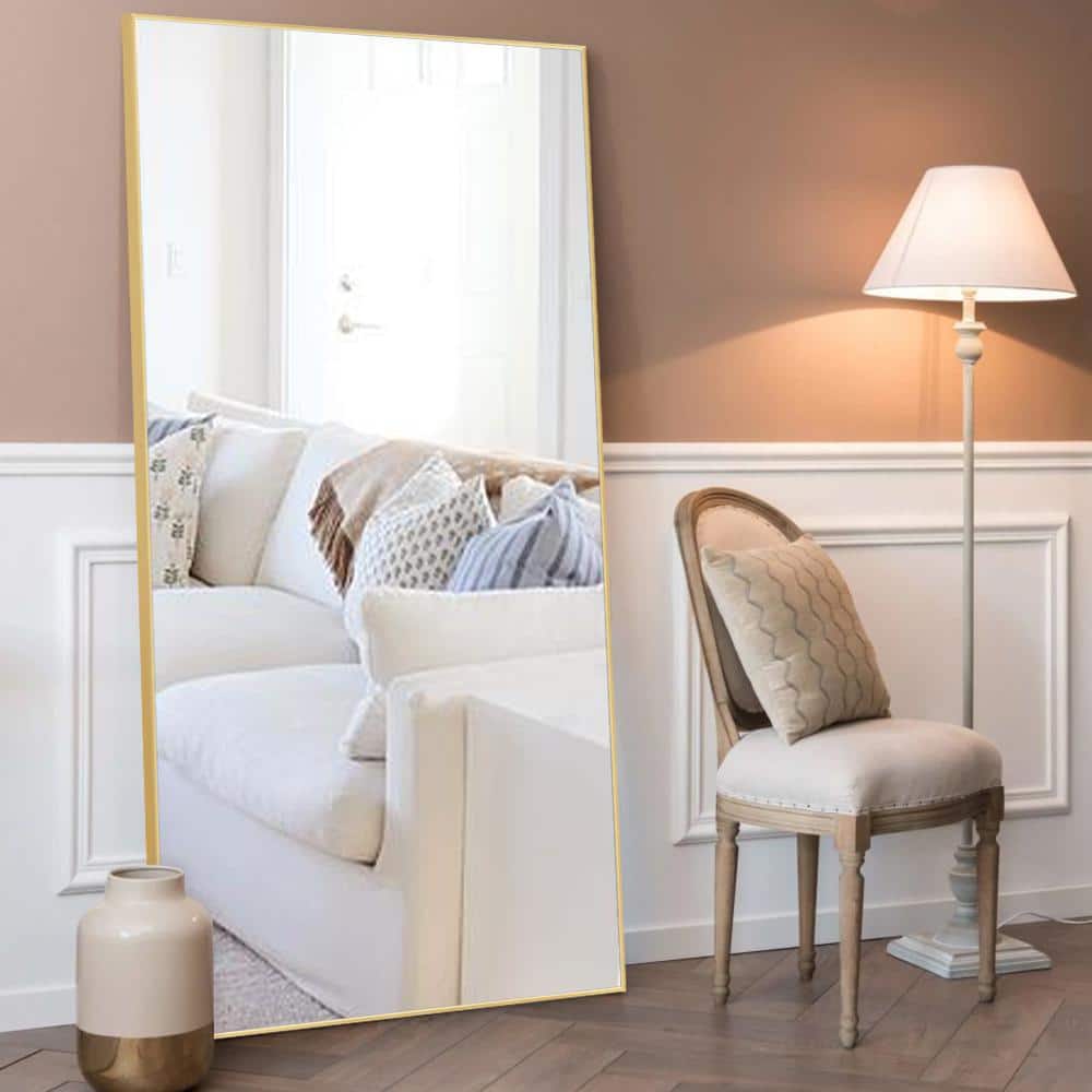 Elevens Bowen 71 in. x 31.5 in. Modern Rectangle Metal Framed Gold Full Length Mirror Leaning