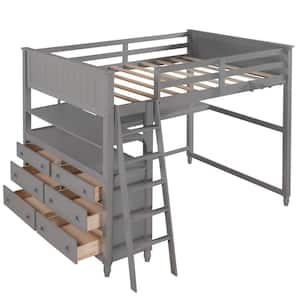 Full Size Loft Bed with Drawers and Desk, Wooden Loft Bed with Shelves - Gray