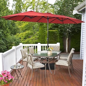 15 ft. Double-Sided Twin Metal Market Patio Umbrella with Crank and Base in Wine