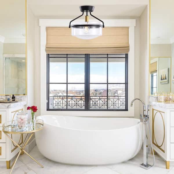 13 in. 1 Light Black Dimmable Semi-Flush Mount with Clear Glass Shade for Bedroom Foyer