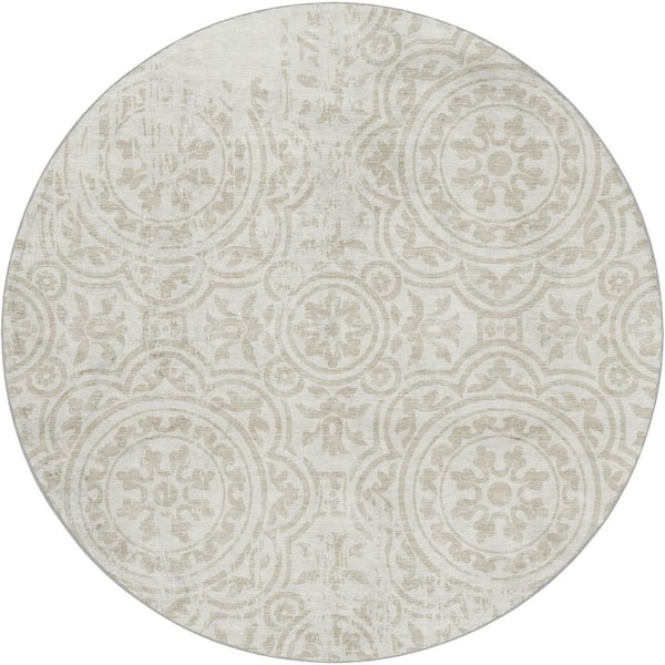 Dream Shag Premium Machine Washable Abstract ADS758 Ivory 8 ft. x 8 ft. Round Rug