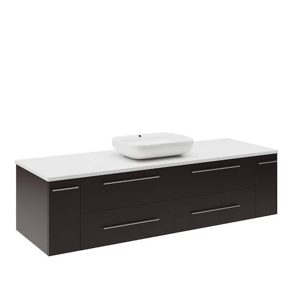 Fresca Lucera 60 in. Single Sink Wall Mount Floating Espresso Bath Vanity with White Quartz Top and Vessel Ceramic Sink