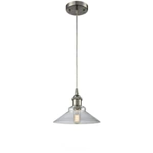 Orwell 1 Light Brushed Satin Nickel Cone Pendant Light with Clear Glass Shade