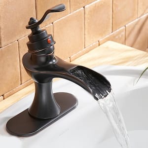 Waterfall Single Hole Single-Handle Low-Arc Bathroom Faucet with Drain Assembly and Supply line in oil rubbed bronze