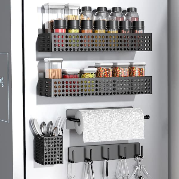 Magnetic Mount Black Kitchen Organizer Set Magnetic Spice Rack Paper Towel Holder Utensil Holder for Fridge