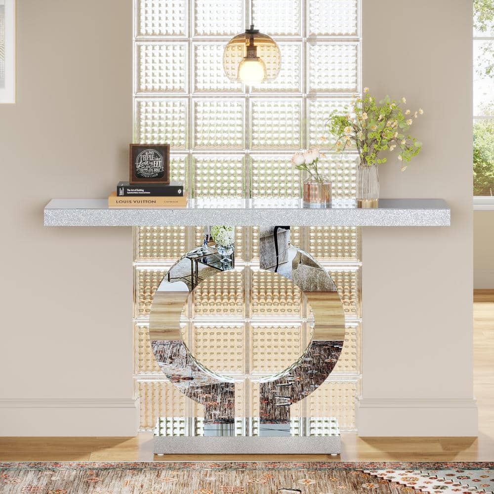 Silver Mirrored Glass Console Table with O-Shaped Base