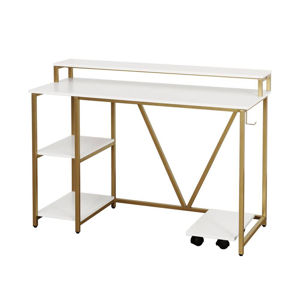 Modern Industrial Gold and Wood Writing Desk with Elevated Shelves