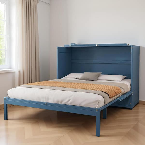 MiniEpic Navy Blue Wood Frame Queen Murphy Bed with Drawer