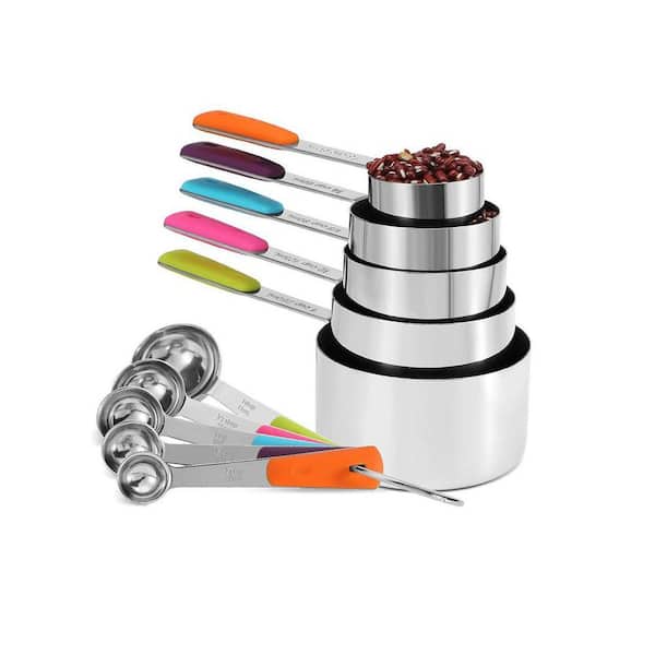 10-Piece Stainless Steel Measuring Spoon and Cup Set with Stackable Design Etched Sizes Removable Ring Dishwasher Safe