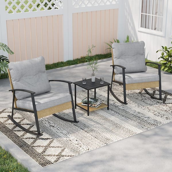 3-Piece Metal Frame Outdoor Bistro Set 2 Rocking Chairs with Light Gray Cushions and Tempered Glass Side Table