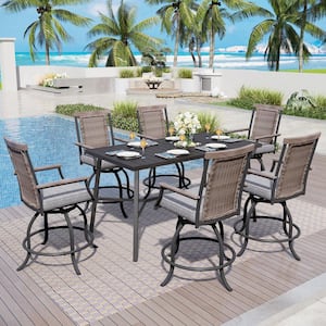 7-Piece Metal Bar Height Outdoor Dining Set with Rectangle Metal Table and Rattan Swivel Chairs with Gray Cushion