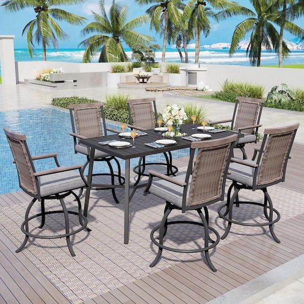 PHI VILLA 7-Piece Metal Bar Height Outdoor Dining Set with Rectangle ...