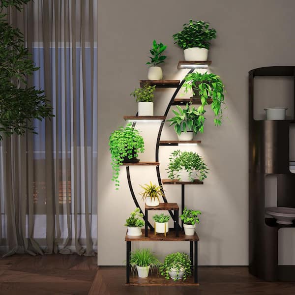 63.7 in. Tall Brown Rectangle Particle Board Indoor Plant Stand w/Grow Lights 9-Tiered Flower Holder Rack Plant Shelf