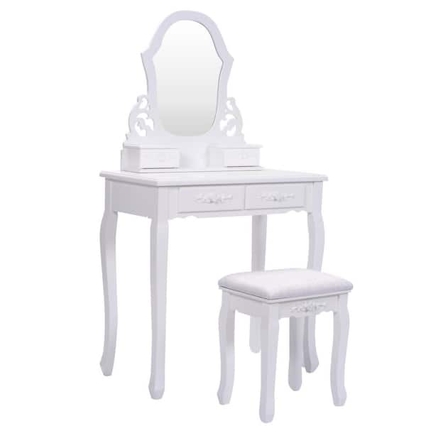 Costway 2-Piece White Vanity Jewelry Wooden Makeup Dressing Table Set with Stool Mirror and 4-Drawer