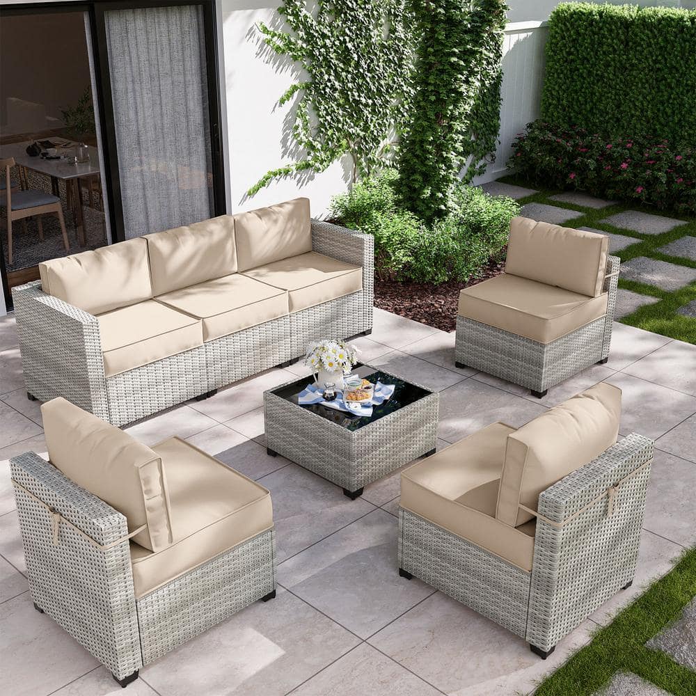 Kimunuk 7-Piece Wicker Outdoor Sectional Set with Sand Cushion 7PS-Sofa ...