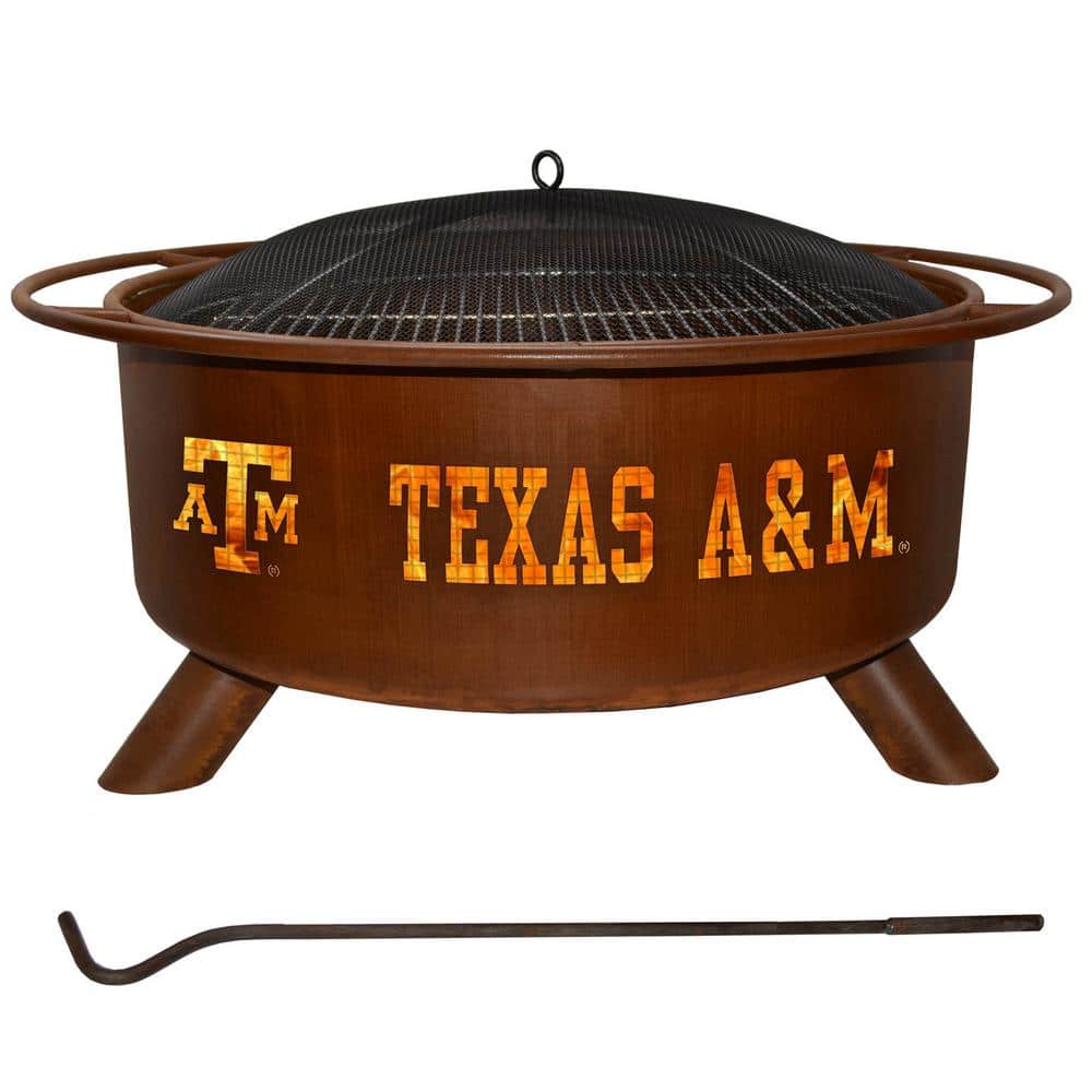 Texas 29 in. x 18 in. Round Steel Wood Burning Fire Pit in Rust with Grill 