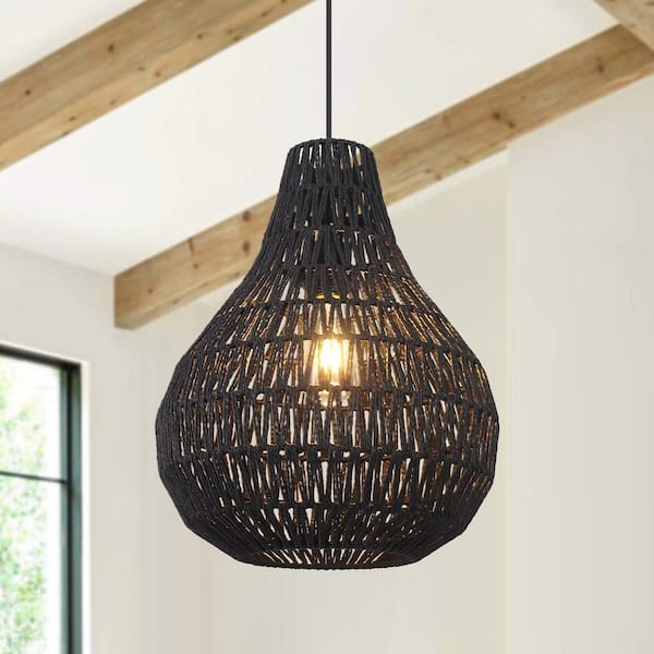 60 -Watt 1-Light Black Shaded Pendant Light with Rattan Gourd Shade, No Bulbs Included