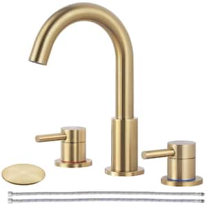 8 in. Widespread 2-Handle High Arc Bathroom Faucet with Drain Kit Included and All Mounting Hardware in Brushed Gold