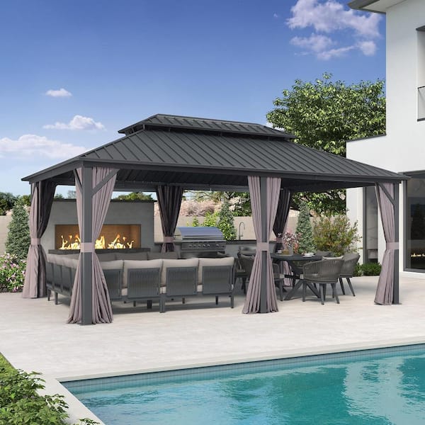 12 ft. x 18 ft. Gray Aluminum Hardtop Gazebo Canopy with Netting and Curtains
