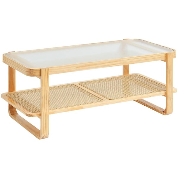 VEVOR Rattan Coffee Table, Rectangle Rattan Woven Wood Coffee Table with Tempered Glass Top, 45 in. Modern Boho Storage Coffee