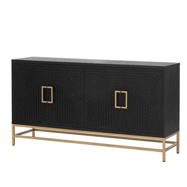 59.80 in. W x 15.70 in. D x 34 in. H Black Linen Cabinet Sideboard with Adjustable Shelves, Metal Handles and Legs