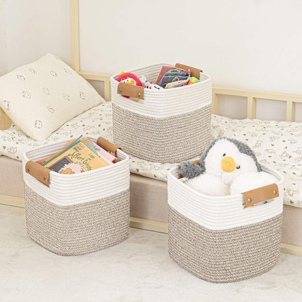 White & Brown 11 in. x 11 in. Cotton Decorative Basket Set of 3