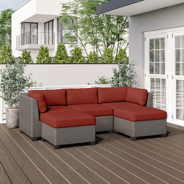 TK CLASSICS Florence 5-Piece Outdoor Wicker Patio Conversation Furniture Set with Terracotta Cushion