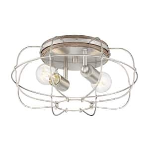 Lyam 14 in. 2-Light Brushed Nickel Flush Mount with Cage Style Shade and No Bulbs Included