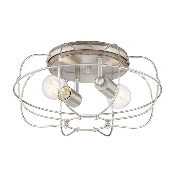 ARRANMORE LIGHTING & FANS Lyam 14 in. 2-Light Brushed Nickel Flush Mount with Cage Style Shade and No Bulbs Included
